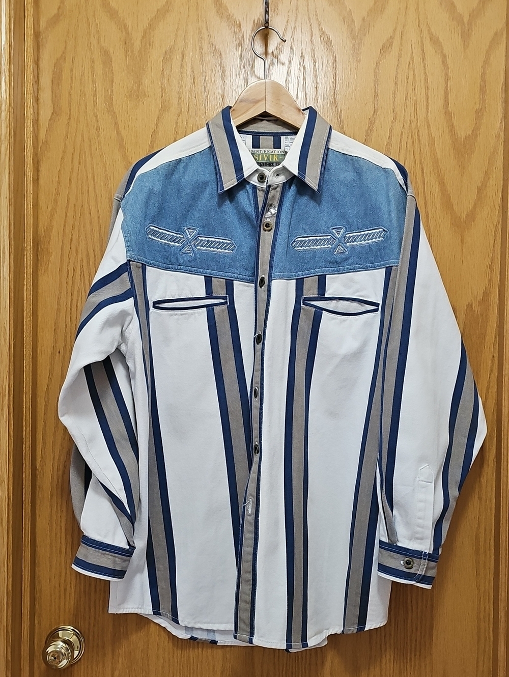 Men's Striped Button-Front Shirt Jacket with Denim Yoke - Blue & Cream